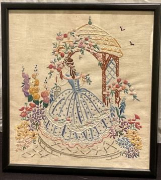 Vintage Hand Embroidered Picture Framed Crinoline Lady Pergola Flowers