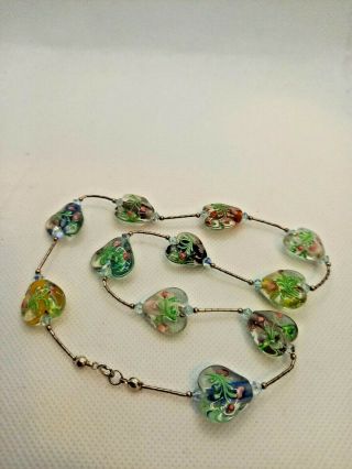 Vintage 925 Sterling Silver And Venetian Glass Heart Shape Necklace Valentine