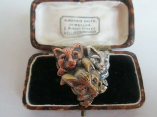 Vintage Signed K&t 3 Tone Metal Cat Kitten Animal Brooch Shawl Pin