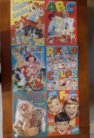 6 Vintage 1946 - 1953 Large Merrill Co.  Coloring,  Paint Books Children Nos
