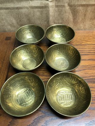 Vintage Islamic Middle Eastern Brass Bowl Hand Punched Engraved Set Of 6