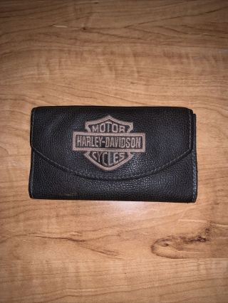 Harley - Davidson Motorcycle Wallet Checkbook Organizer Brown Leather Snap.  Vintage