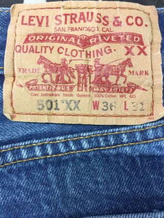 Vintage 1990’s Levis 501XX Blue Jeans Tag 36X31 Indigo Denim USA - Measures 34X28 3