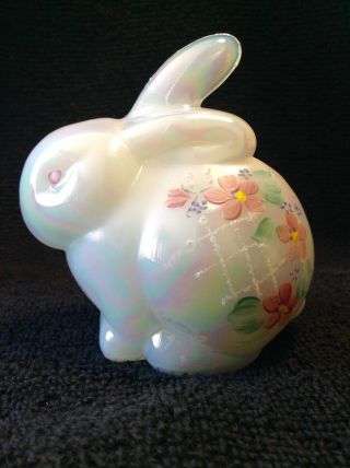 Vintage Iridescent White Hand Painted Flowers On Fenton Rabbit Bunny With Tags