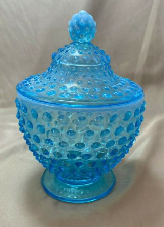 Fenton Aqua Blue Opalescent Hobnail Covered Candy Dish / Sugar Bowl - Vintage