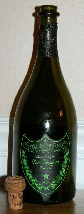 Empty Dom Perignon Vintage 2008 Champagne Green Light Up Glass Bottle & Cork