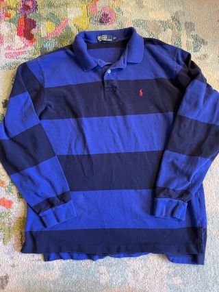Vintage Polo Ralph Lauren Sz Xxl Rugby Shirt Striped Blue Red Horse Long Sleeve