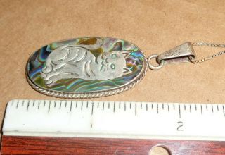 Vintage Taxco ? Hecho Mexico 925 Sterling Silver Abalone Cat Pendant W/19 " Chain