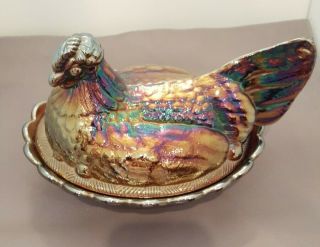 Vintage Fenton Amethyst Carnival Large Hen On Nest Basket Weave
