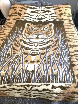 Vintage Chatham North Star Acrylic Tiger Cat Jungle Pattern Blanket 57.  5 X 75.  5