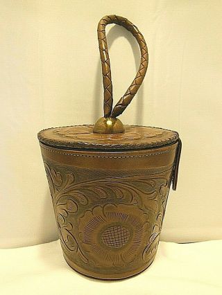 Vtg 1970’s Mexican Hand Tooled Leather Cylinder Shape Floral Hand Bag Purse