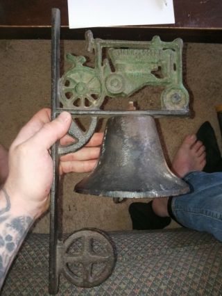 Vintage Cast Iron Dinner Bell With John Deere Tractor Wall Mount 2
