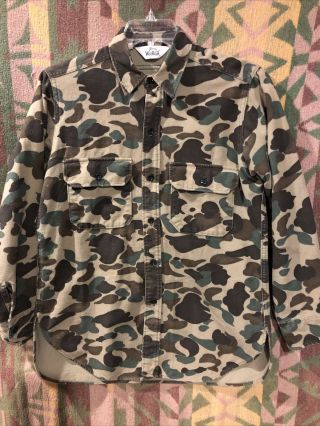 Vintage Made In Usa Woolrich Heavy Chamois Flannel Green Camouflage Shirt Medium