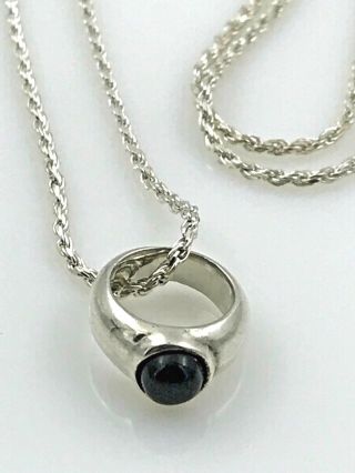 Vintage.  925 Sterling Silver & Onyx Baby Ring On Rope Chain Necklace 15.  75 "