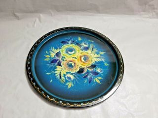 Vintage Soviet Russian Hand Painted Floral Metal Serving Tray 14.  25  W