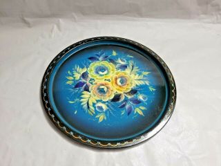 Vintage Soviet Russian Hand Painted Floral Metal Serving Tray 14.  25  W 2