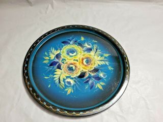 Vintage Soviet Russian Hand Painted Floral Metal Serving Tray 14.  25  W 3
