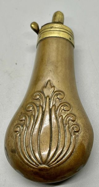 Antique Copper Brass Black Powder Horn Flask Raised Flowing Flower Pattern