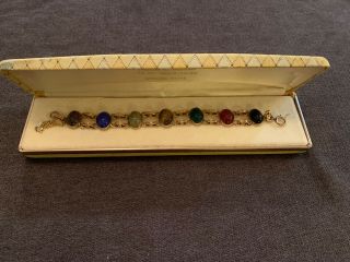 Vintage 12k Gold - Filled Double Link Multi - Stone Scarab Bracelet