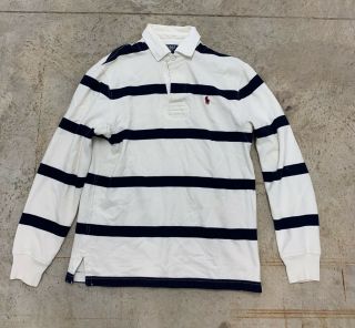 Vintage Polo Ralph Lauren Rugby Longsleeve Striped Shirt White Blue Size S Rare