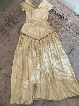 Vintage 40s Ivory Liquid Satin Evening Dress,  Corded Detail Old Hollywood Style