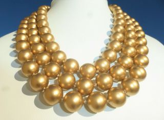 Vintage 3 Strand Gold Faux Pearl Agate Clasp Necklace Carolee