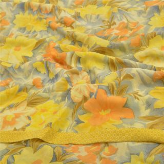 Sanskriti Vintage Yellow Sarees Pure Crepe Silk Printed Sari Floral Craft Fabric
