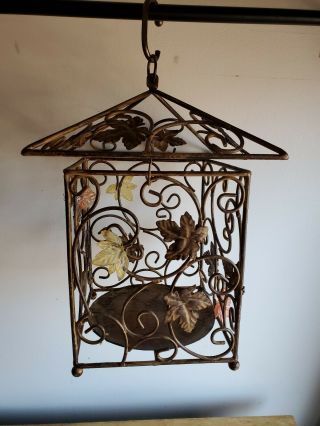 Vintage Wrought Iron Square Hanging Hurricane Lamp Candle Holder Lid Glass Leaf
