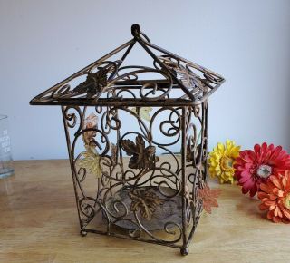 Vintage Wrought Iron Square Hanging Hurricane Lamp Candle Holder Lid Glass Leaf 2