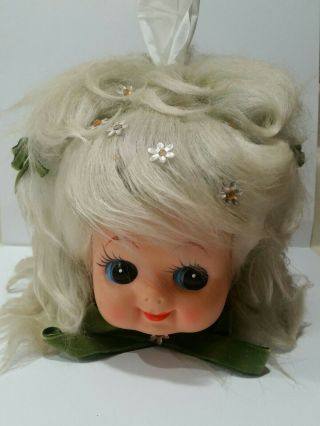 Vintage 70s Baby Doll Face Head Green Hair Kleenex Tissue Box Cover Dispenser