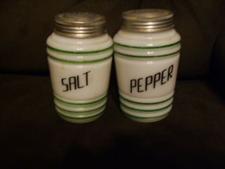 Vintage White Milk Glass Salt & Pepper Shaker Set Bee Hive Ribbed Black Letters