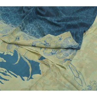 Sanskriti Vintage Teal Sarees Pure Crepe Silk Fabric Craft Printed Decor Sari