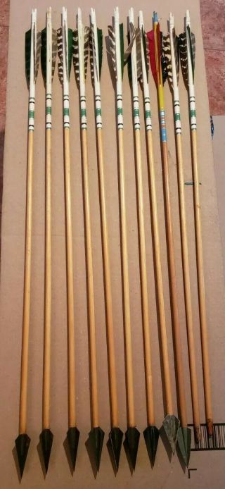9 Vintage Wooden Archery Arrows With Broadheads Feather Hunting 31