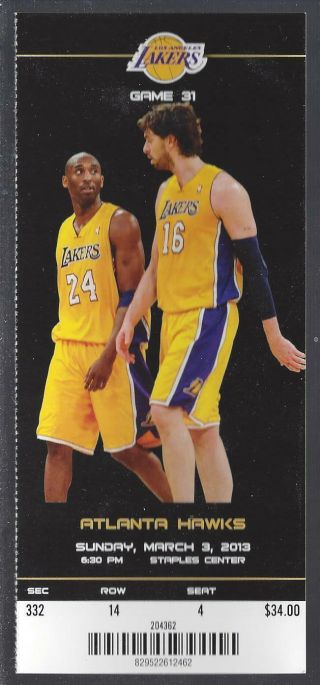 2012 - 2013 Nba Hawks @ Lakers Full Basketball Ticket Kobe Bryant - Mar 3