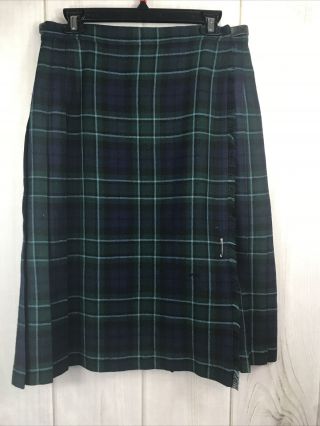 Vintage Pure Wool Made In Scotland Tartan Kilt Skirt Green Blue Plaid Sz 16