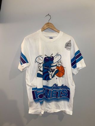 Vtg 90s Salem Sportswear Men Size L Charlotte Hornets All Over Graphic T Shirt