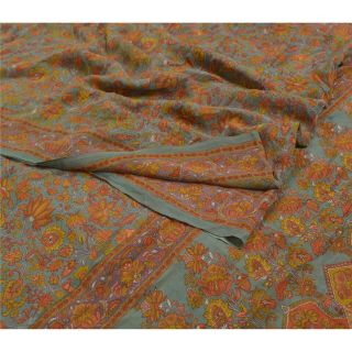 Sanskriti Vintage Green Sarees Pure Crepe Silk Fabric Craft Printed Decor Sari