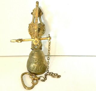 Vintage Brass Wall Mounted Hanging Dinner Or Service Bell W/ Pull Chain 8 " H Euc