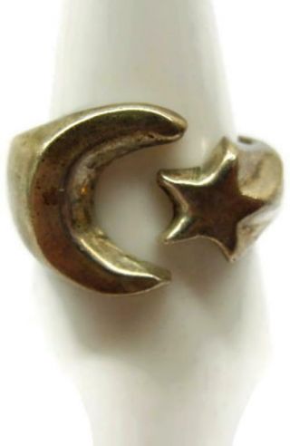 Sz 6.  25 Crescent Moon And Star Sterling Silver 925 Ring Vintage Patina Mexico