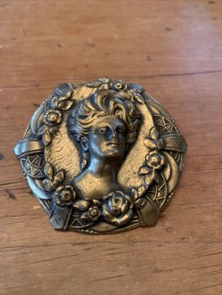 Antique Vintage Classic Art Nouveau Womans Face Brass Brooch Pin 2d