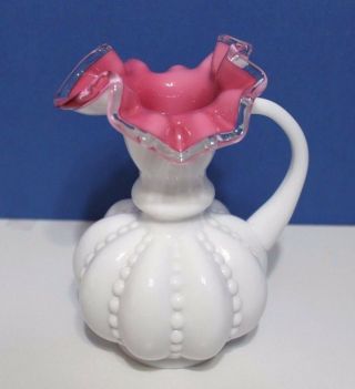 Vintage Fenton Cranberry Pink White Cased Glass Beaded Melon Vase With Handle