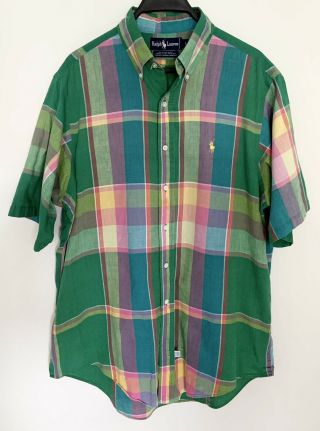 Vintage Polo Ralph Lauren Mens Madras Shirt Short Sleeve Green Aqua Blue Plaid L