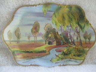 Vtg Hand Painted Nippon Gold Accented Vanity Tray,  Pastoral Scene Matte Finish