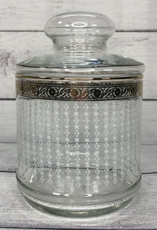 Vintage Clear Glass Apothecary Jar Decanter W Lid Gold White Mid Century Mod 7 "