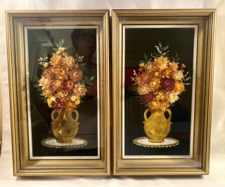 Set Of 2 Vintage Framed Dried Flowers On Velvet