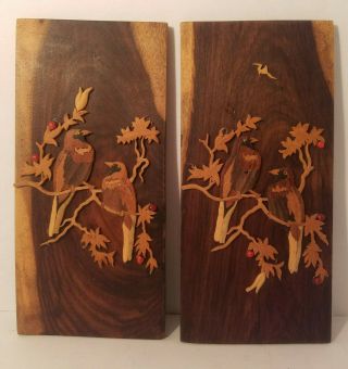 Vintage Inlaid Wooden Birds On A Limb Wall Plaque - 10 " X 5 " -