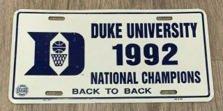 Duke University 1992 National Champs,  Tin License Plate (college Basketball)