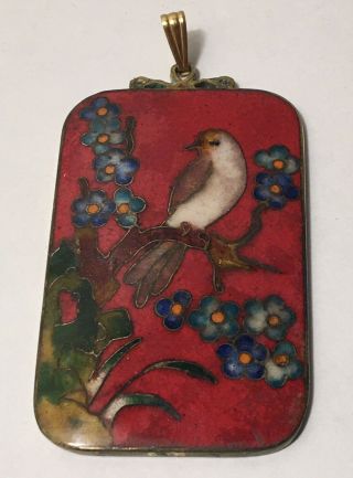 Vintage Chinese Cloisonné Enamel Bird Flowers Pendant,  Signed In Characters