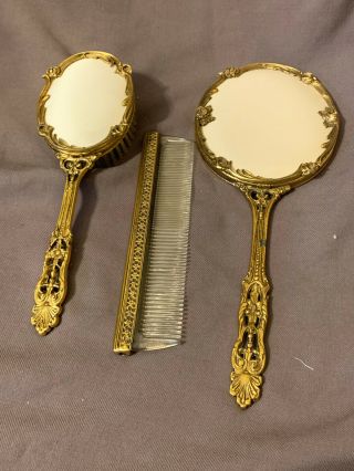 3 Piece Heavy Vintage Gold Dresser Set Of Mirror,  Separable Brush And Comb