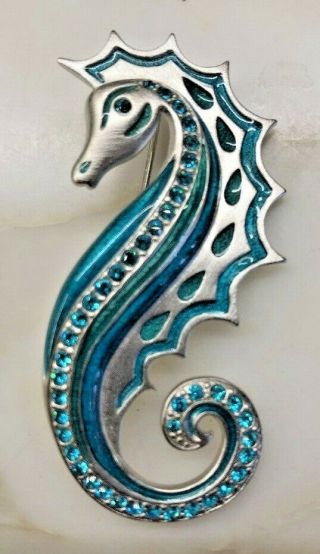 Vintage Bob Mackie Signed Seahorse Pin Brooch Blue Green Crystal
